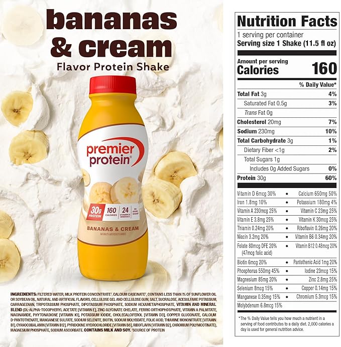 Premier Protein Shake, Bananas & Cream, 30g Protein, No Added Sugar, 24 Vitamins & Minerals to Support Immune Health, 11.5 fl oz, 12 Pack