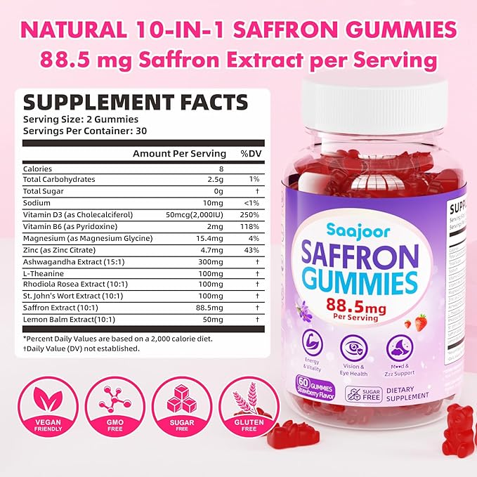 Saffron Gummies for Adult Kids - with Saffron 88.5mg, Vitamins D3 & B6, Magnesium, Zinc, Ashwagandha, L - Theanine, St. John's Wort - Supports Mood & Focus, Strawberry Flavor, 120 Count