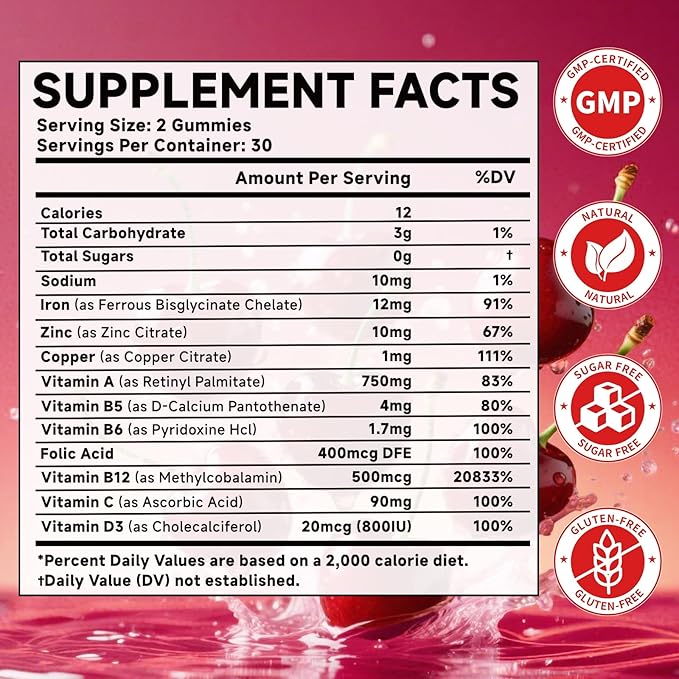 Iron, Zinc, Copper Supplements for Women & Men, Mineral Gummies with Vitamin A, B5, B6, C, D3, B12 for Adults, Kids, Promote Energy, Support Immunity, Bone Health, Sugar Free, Cherry Flavor, 120 Count