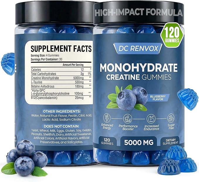 Creatine Monohydrate Gummies 5000 MG for Men & Women, Pre Workout gummys, Creatine Monohydrate for Muscle Growth, Strength & Energy Support , Flavored, 120 count Chewable Gummies, Blueberry Flavor