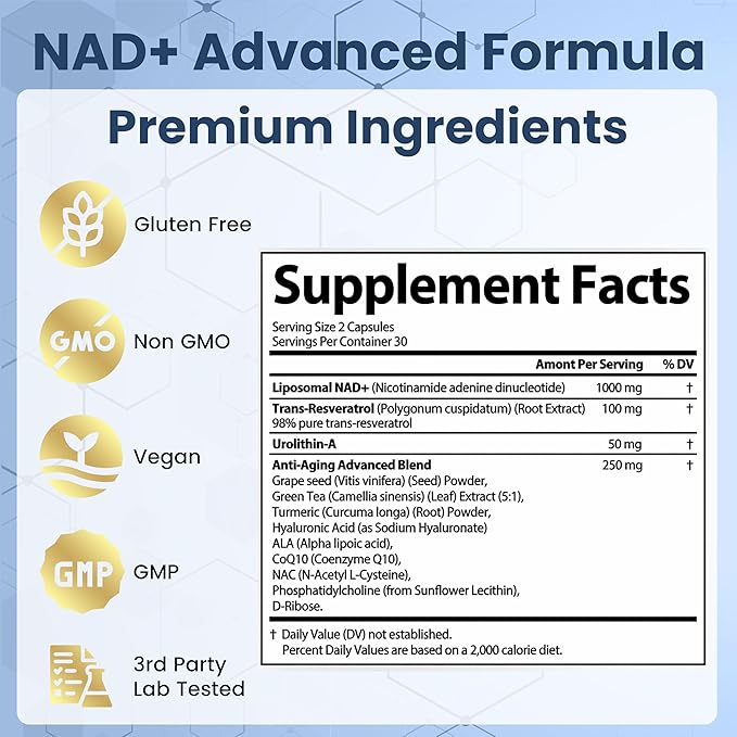 StrongVit NAD Resveratrol Supplement for Women & Men. Support Cellular Health, Energy + Healthy Aging. High Potency Blend, Plus Third-Party Lab Tested in USA (60 Capsules)