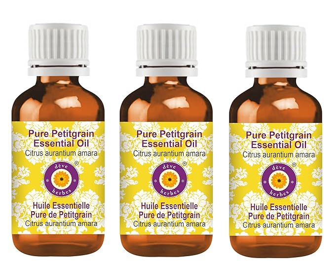 Deve Herbes Pure Petitgrain Essential Oil (Citrus aurantium Amara) Steam Distilled (Pack of Three) 100ml X 3 (10 oz)