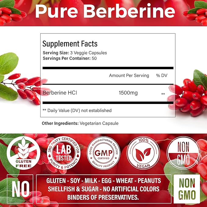 Premium Berberine Supplement, 150 Capsules – 50 Days Supply, 1500mg Berberine Per Serving, Berberine HCI, Made from 100% Pure & Natural Ingredients, Non-GMO, Gluten-Free.