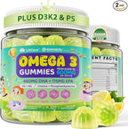 Kids Omega-3 Gummies for 4+, Algae Oil DHA & EPA with Vitamin D3 K2, Choline & PS, Vegan Fish Oil Supplements for Brain, Bone, Cognitive & Immune Health, No Fish Taste, SugarFree, Lemon Flavor, 120Cts