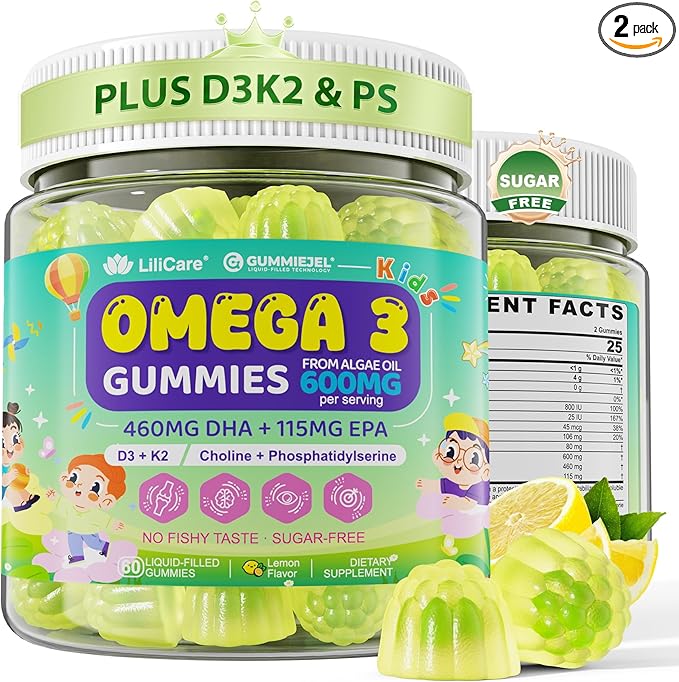 Kids Omega-3 Gummies for 4+, Algae Oil DHA & EPA with Vitamin D3 K2, Choline & PS, Vegan Fish Oil Supplements for Brain, Bone, Cognitive & Immune Health, No Fish Taste, SugarFree, Lemon Flavor, 120Cts