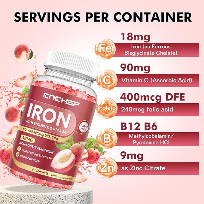 2PCS Iron Supplement for Women & Men Gummies, Multivitamin Blood Builder Iron Supplement with Folate Vitamin C B12 B6 Zinc for Adults & Kids - Energy Support - Peach Flavor, Vegan 120 Gummies