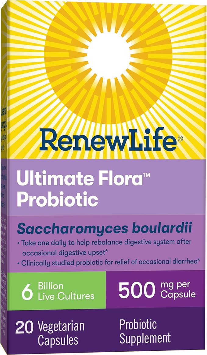 Renew Life Ultimate Flora Probiotic Capsules, Daily Supplement Relieves Occasional Digestive Upset and Diarrhea, Saccharomyces Boulardii, Dairy, Soy and gluten-free, 6 Billion CFU, 20 Count