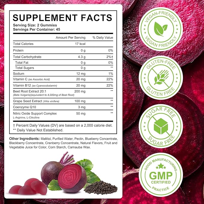 Beet Root Gummies Enriched with 200mg CoQ10 & Beet Root Extract for Blood Pressure, Heart Health Support, Energy Level Suport, Promoting Nitric Oxide, W/ Vitamin B12, C, Sugar-Free | 90 Chews