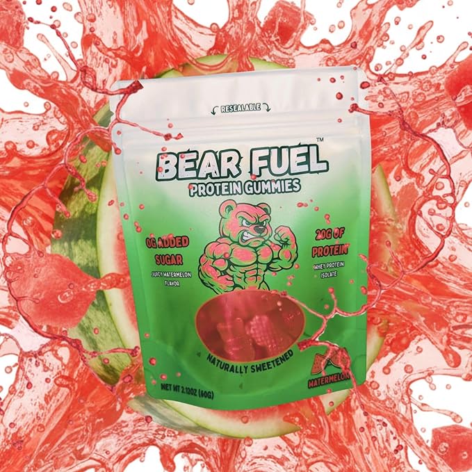 Bear Fuel Protein Gummies – 20g Protein Candy Snack – High Protein, Zero Sugar, Naturally Sweetened Gummy Bears – Fruit Variety (1, Watermelon)
