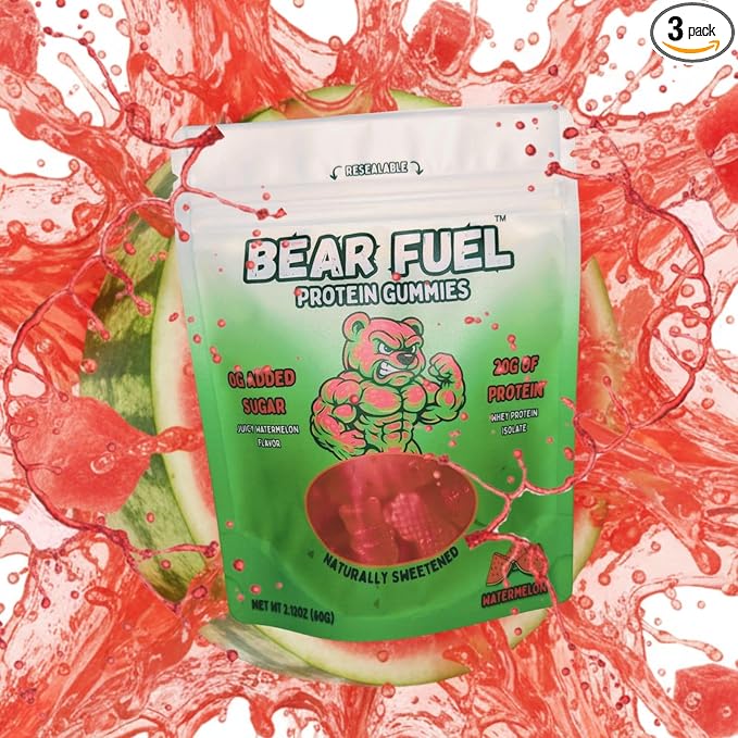 Bear Fuel Protein Gummies – 20g Protein Candy Snack – High Protein, Zero Sugar, Naturally Sweetened Gummy Bears – Fruit Variety (3, Watermelon)