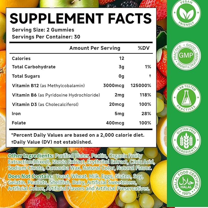 1 Pack Methyl B-12 3000mcg Gummies for Kids & Adults, Vitamin B12 (Methylcobalamin) with Vitamin B6, Folate & D3, Supports Energy, Metabolism & Immune Wellness, 60 Count