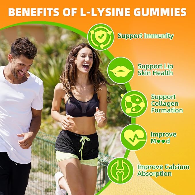 L-Lysine Gummies 500mg, Lysine Gummies Supplement for Immune Support & Skin Health, Collagen Formation Support, Vegan, Gluten Free Chewable Supplement for Adults & Kids, Orange Flavor, 60 Count