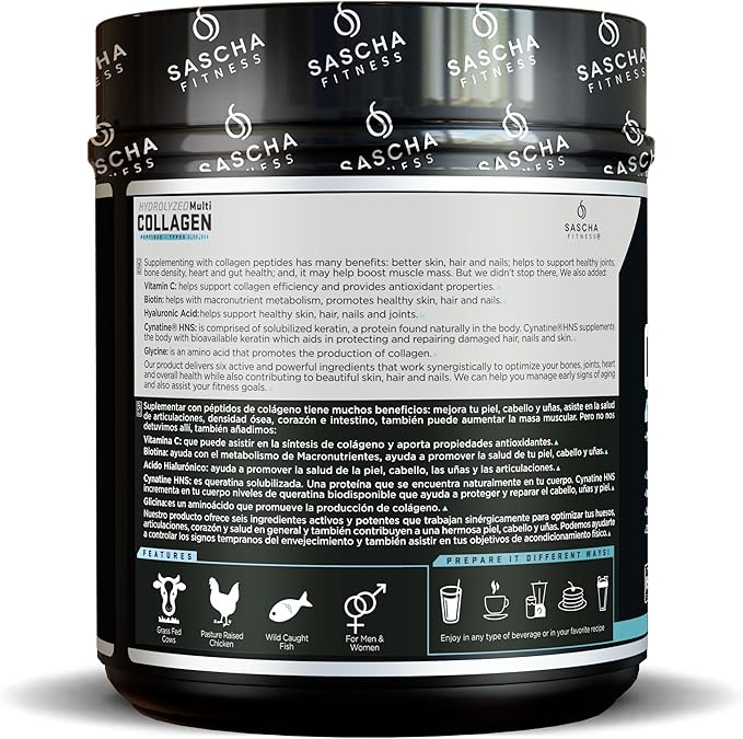 SASCHA FITNESS Hydrolyzed Multi Collagen Peptides Tipes 1,2 & 3 |Hyaluronic Acid|Biotin |Cynatine HSN|Vitamin C & E |for Hairs, Skin & Bone Support| Unflavored