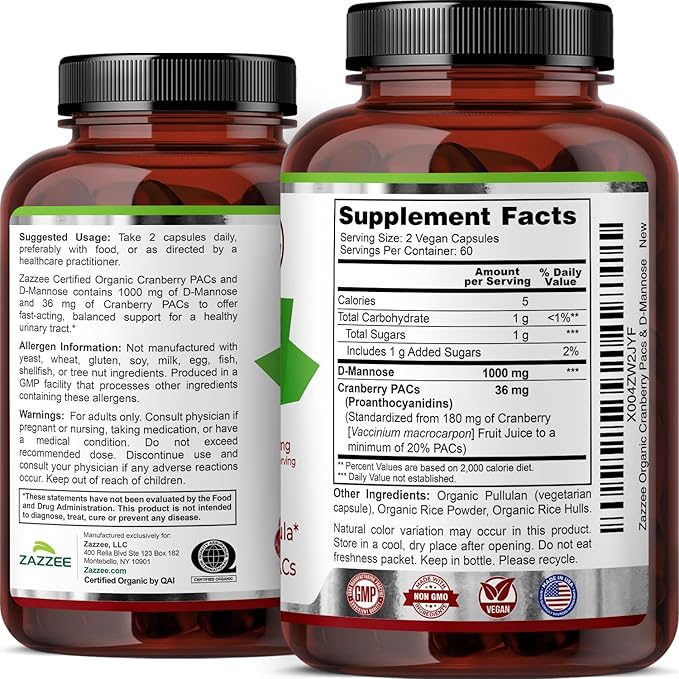 Zazzee USDA Organic Cranberry PACs & D-Mannose, 36 mg PACs per Serving, 1000 mg D-Mannose per Serving, 120 Vegan Capsules, 2 Month Supply, Urinary Tract & Bladder Support, Non-GMO, Made in the USA