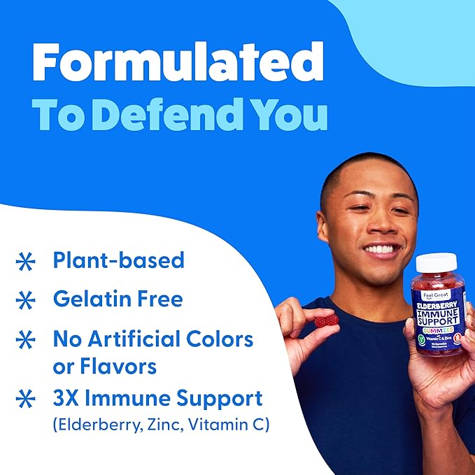 Feel Great Sambucus Elderberry Gummies with Zinc and Vitamin C for Adults | Immune Support Booster | Berry Flavored Vegan Supplement | 90 Day Supply 