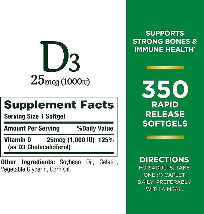 Nature's Bounty Vitamin D3 1000 IU Softgels,Immune Support,Promotes Healthy Bones,1 Softgel per Day,Gluten Free,350 Count (Pack of 2)