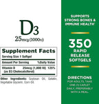 Nature's Bounty Vitamin D3 1000 IU Softgels,Immune Support,Promotes Healthy Bones,1 Softgel per Day,Gluten Free,350 Count (Pack of 2)