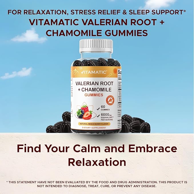 Vitamatic Valerian Root & Chamomile Gummies – Plant-Based Botanical Extract – Mixed Berry Flavor – Vegan, Non-GMO, Gluten-Free – Herbal Supplement – 60 Count