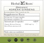 Herbal Roots Panax Ginseng | Organic Korean Ginseng Root Powder | 1000mg | High Ginsenosides for Energy & Performance | 60 Vegan Capsules