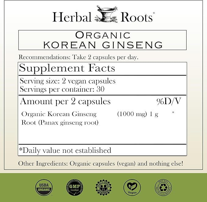 Herbal Roots Panax Ginseng | Organic Korean Ginseng Root Powder | 1000mg | High Ginsenosides for Energy & Performance | 60 Vegan Capsules