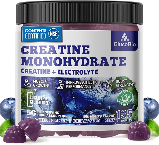 Creatine Monohydrate Gummies (5g) – Pre-Workout Energy & Muscle Growth Support for Men & Women | Blueberry Electrolyte Gummies (135 Count)