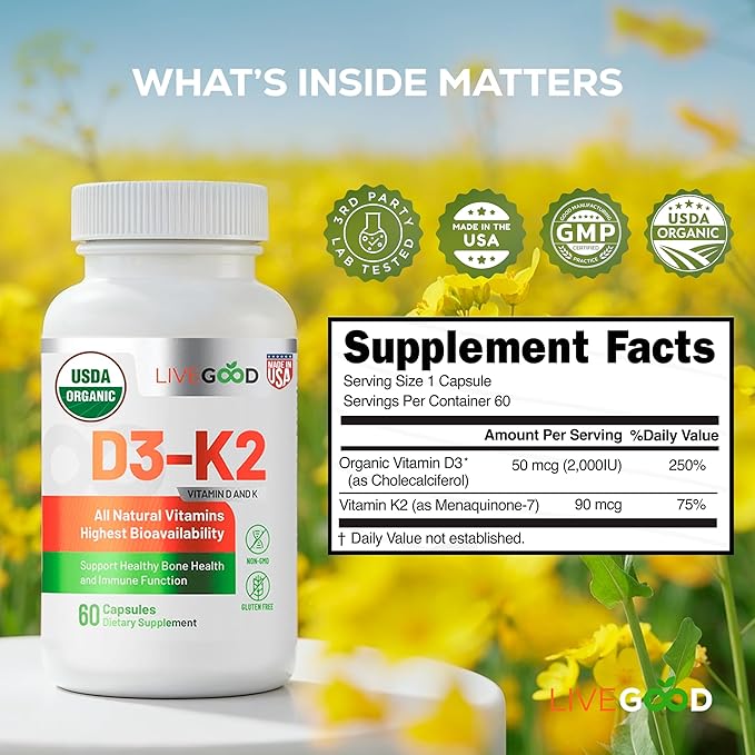 LIVEGOOD Organic D3 K2 Supplement 2000 IU, Vegan Capsules with MK-7, Pure Vitamin D3 with K2 for Immune, and Bone Support Made in the USA Organic D3 K2 Formula (60 Count)