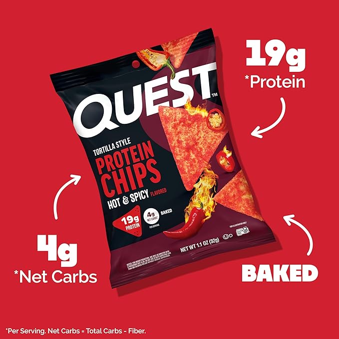 Quest Nutrition Tortilla Style Protein Chips, Hot & Spicy, 19g of Protein, 4g Net Carbs, High Protein, Gluten Free, 1.1 Ounce, 4 count