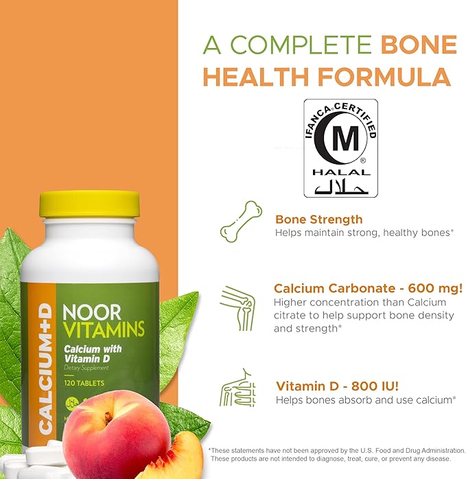 Noor Vitamins Halal Calcium Plus Vitamin D Bone & Immune Support | 600 mg Calcium & 800 IU (20 mcg) D2 per Tablet | aids in Absorption of Calcium into Bones, Non-GMO, Vegetarian & Halal (120 Tablets)