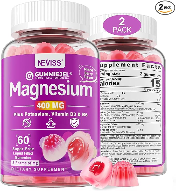 Sugar-Free Magnesium Gummies 400mg | 5-in-1 Complex Magnesium: Glycinate, Citrate, Malate, Chloride & Taurate | with Ashwagandha, Vitamin D3 & Zinc | Calm, Mood & Energy Support | Vegan, 2-Pack