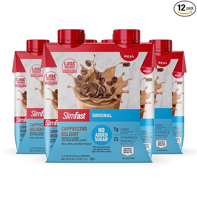 SlimFast Meal Replacement Shake, Original Cappuccino Delight, No Added Sugar, Meal Replacement Shakes, 10g Ready to Drink Protein, 5g Fiber, 25 Vitamins and Minerals, 11 Fl. Oz, 12 Count