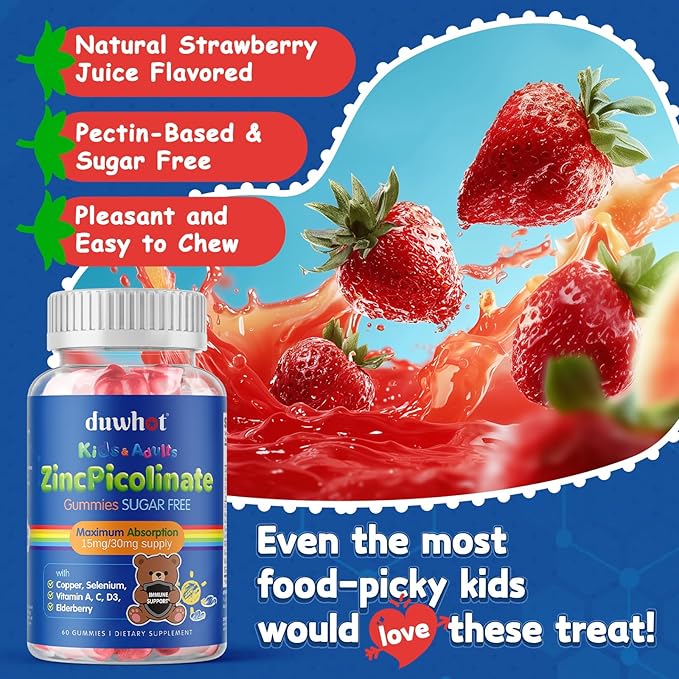 Zinc for Kids Supplements, Zinc Picolinate 30mg Gummies with Copper, High Absorption Form, with Selenium, Elderberry, for Kids Teens Growth, Skin & Immune Health, Sugar Free, 120 Gummies