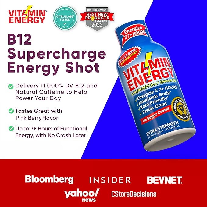 Vitamin Energy B12 11,000% Extra Strength Energy Shot Açaí Pomegranate 24 Pack, 260mg Natural Caffeine, B12 & B6, Nootropic Focus, Vitality, Zero Sugar, Gluten-Free, Vegan, Kosher, 1.93 fl oz