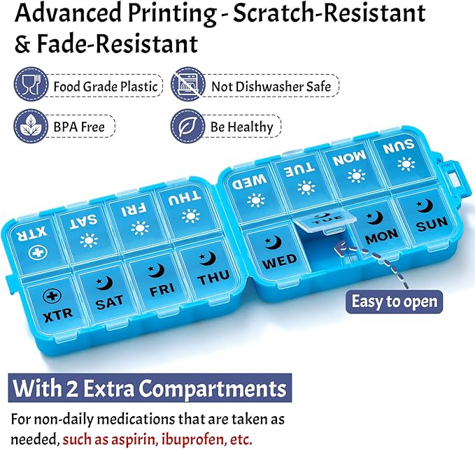 Foldable Weekly Pill Organizer 2 Times a Day with 2 Extra Compartments (Clear Printed Labels) - Portable 7 Day AM PM Medicine Box, Week Daily Travel Pill Case Holder for Vitamin, Supplement - Blue