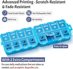 Foldable Weekly Pill Organizer 2 Times a Day with 2 Extra Compartments (Clear Printed Labels) - Portable 7 Day AM PM Medicine Box, Week Daily Travel Pill Case Holder for Vitamin, Supplement - Blue
