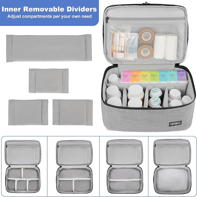 LEFOR·Z Medicine Storage Bag,Double Layers Pill Bottle Organizer Bag Empty with Lockable Zipper&Adjustable Divider,Medication Travel Carrying Bag for Pills,Vitamins,Medical Supplies,Grey