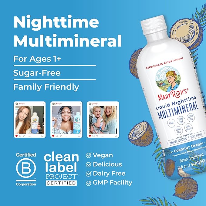 MaryRuth's Liquid Nighttime Multimineral | No Melatonin | Bedtime Routine | Magnesium Citrate | Calcium | Zinc | Vitamin D3| Available in 4 Flavor - Vegan | Sugar Free | Gluten Free | 32 Oz