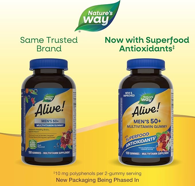 Nature's Way Alive! Men’s 50+ Daily Gummy Multivitamins, Supports Healthy Brain, Eyes, Heart*, B-Vitamins, Gluten-Free, Fruit Flavored, 150 Gummies (Packaging May Vary)