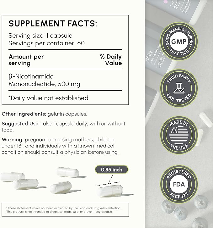 NMN Supplement 500mg - High Purity Nicotinamide Mononucleotide - NAD+ Booster for Anti-Aging, Cellular Energy & Longevity - 60 Veggie Capsules