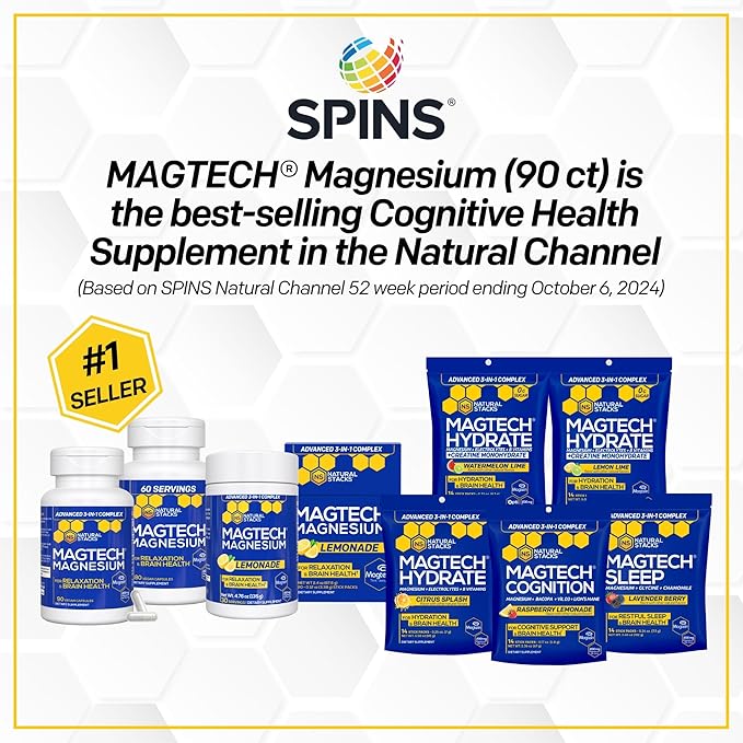 MagTech Magnesium Supplement - 3 Forms of Magnesium: Magtein L-Threonate, Glycinate & Taurate - 200mg Chelated Magnesium Complex - Supports Relaxation & Brain Health - 180 Capsules