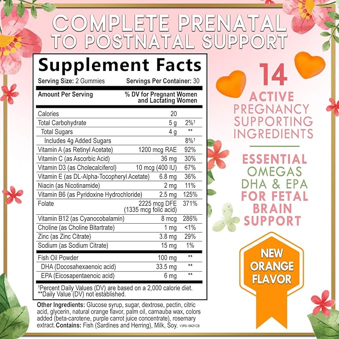 Prenatal Vitamins for Women – Complete Pregnancy Multivitamin - Folic Acid, Omega 3 DHA, Choline, Vitamin D – Essential Support for Mom's & Baby Brain Development - Tasty Orange Flavor - 60 Gummies