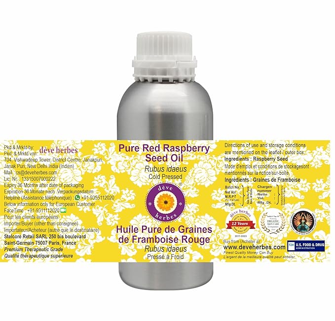 Deve Herbes Pure Red Raspberry Seed Oil (Rubus idaeus) Cold Pressed 300ml (10 oz)
