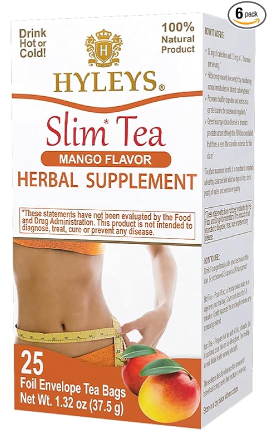 Hyleys Slim Tea Mango Flavor - Weight Loss Herbal Supplement Cleanse and Detox - 25 Tea Bags (6 Pack)