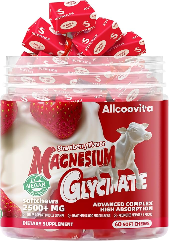 Magnesium Glycinate Soft Chews, Strawberry Flavor.Chewable Sugar Free Potassium Magnesium Chews with Magnesium Glycinate, Vitamin D, B6, and CoQ10 for Calm Support & Sleep for Adults, 60 Days Supply