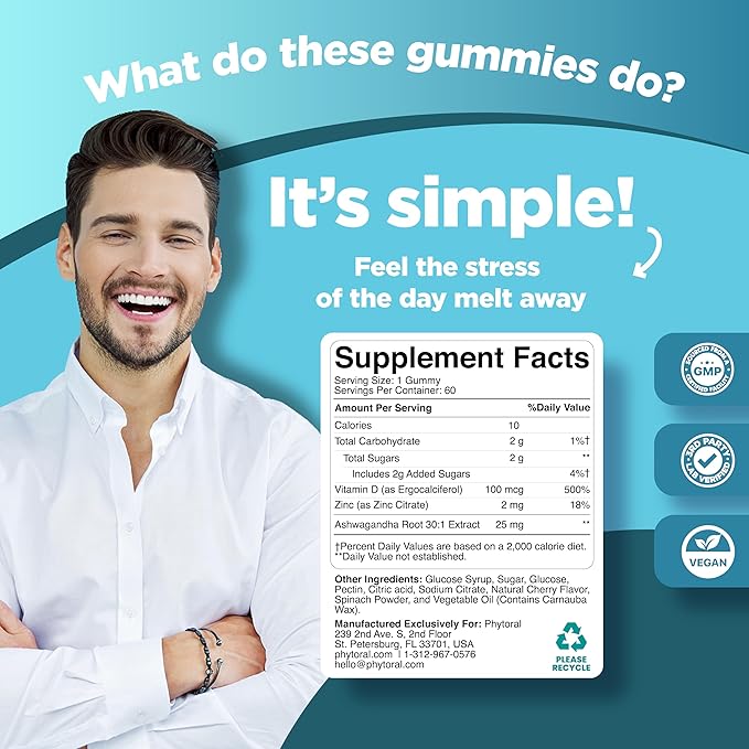 Phytoral Calming Ashwagandha Gummies for Men and Women - Root Extract with Zinc and Vitamin D - Tasty Adaptogen Stress Gummies for Adults - Energy & Mood Support - 60 Ct