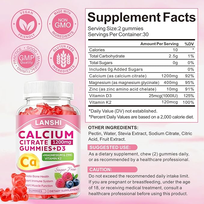 Calcium Citrate Gummies 1200mg with Vitamin D3 & K2 Supplements for Women & Men, High Absorption Calcium Gummies Plus Magnesium, Zinc for Strong Bones & Immune Support Mixed Berry Flavor