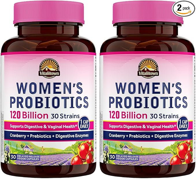 Vitalitown Probiotics for Women 120 Billion CFUs, 30 Strains, with Prebiotics & Digestive Enzymes & Cranberry, Gut & Vaginal Health, Vegan 60 (Pack of 2) Delayed Release Caps