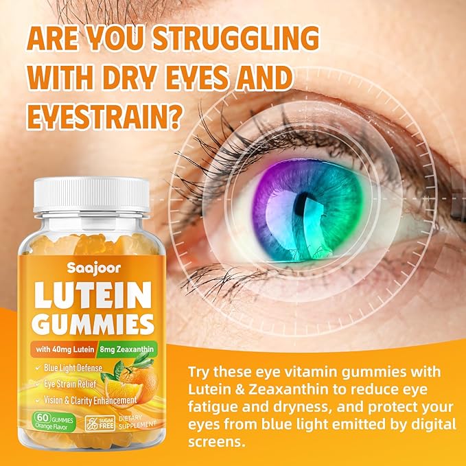 Lutein & Zeaxanthin Gummies - Eye Vitamin Supplement with 40mg Lutein & 8mg Zeaxanthin to Support Macular, Vision & Overall Eye Health, Naturally Orange Flavor, 60 Count