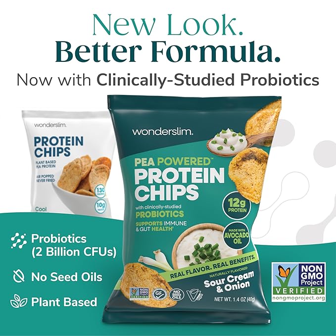 Wonderslim Protein Chips with Probiotics, Sour Cream & Onion | 12g Plant Protein, 170 Cal | High Protein Chips, Vegan, Gluten Free, Non-GMO | Made with Avocado Oil, No Seed Oils | 12 Pack