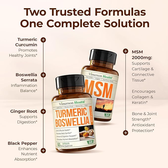 Boswellia Turmeric Curcumin Supplement + MSM 2000mg Bundle – Supports Joint Health & Aids Inflammatory Response – with Ginger Root, Organic Turmeric Powder & Curcumin with Black Pepper (BioPerine)