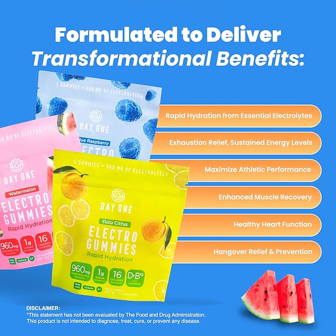Day One Electrogummies Sour Pack - Citrus, Blue Raspberry & Watermelon Electrolyte Gummies for Runner, Athlete - Hydration Gummies with Electrolytes - Alternative to Powders, Tablets 180 Count